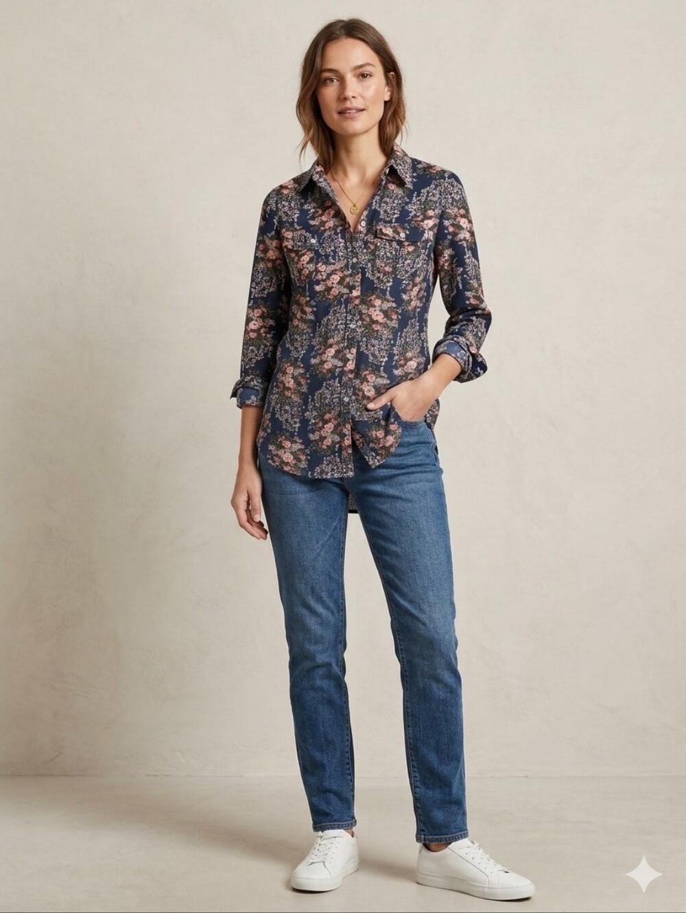 Lucky Brand Floral Button-Down Long Sleeve Blouse-XS